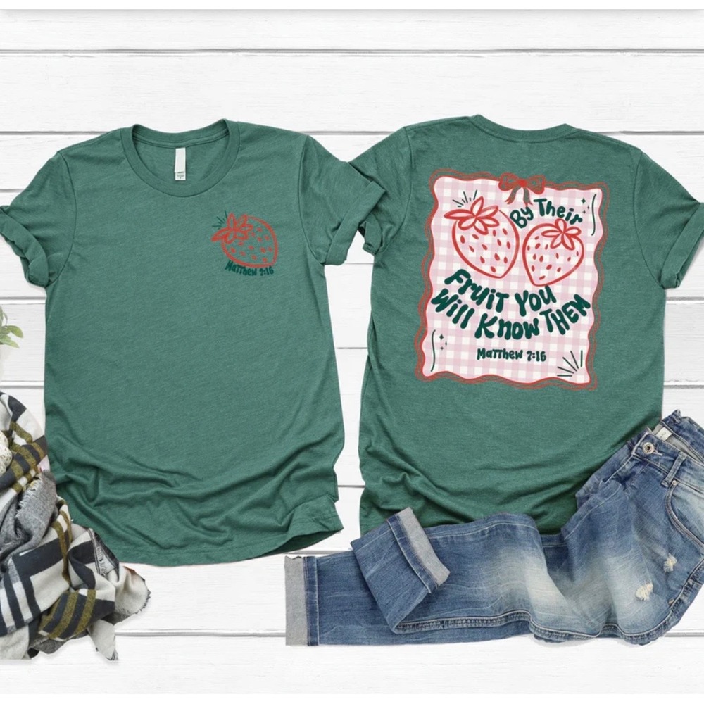 Matthew 7:16 Strawberry Graphic T-Shirt Heather Green Christian Tee